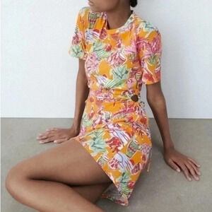 ZARA Orange Tropical Print Side Cutout Mini Dress Large 0085/815